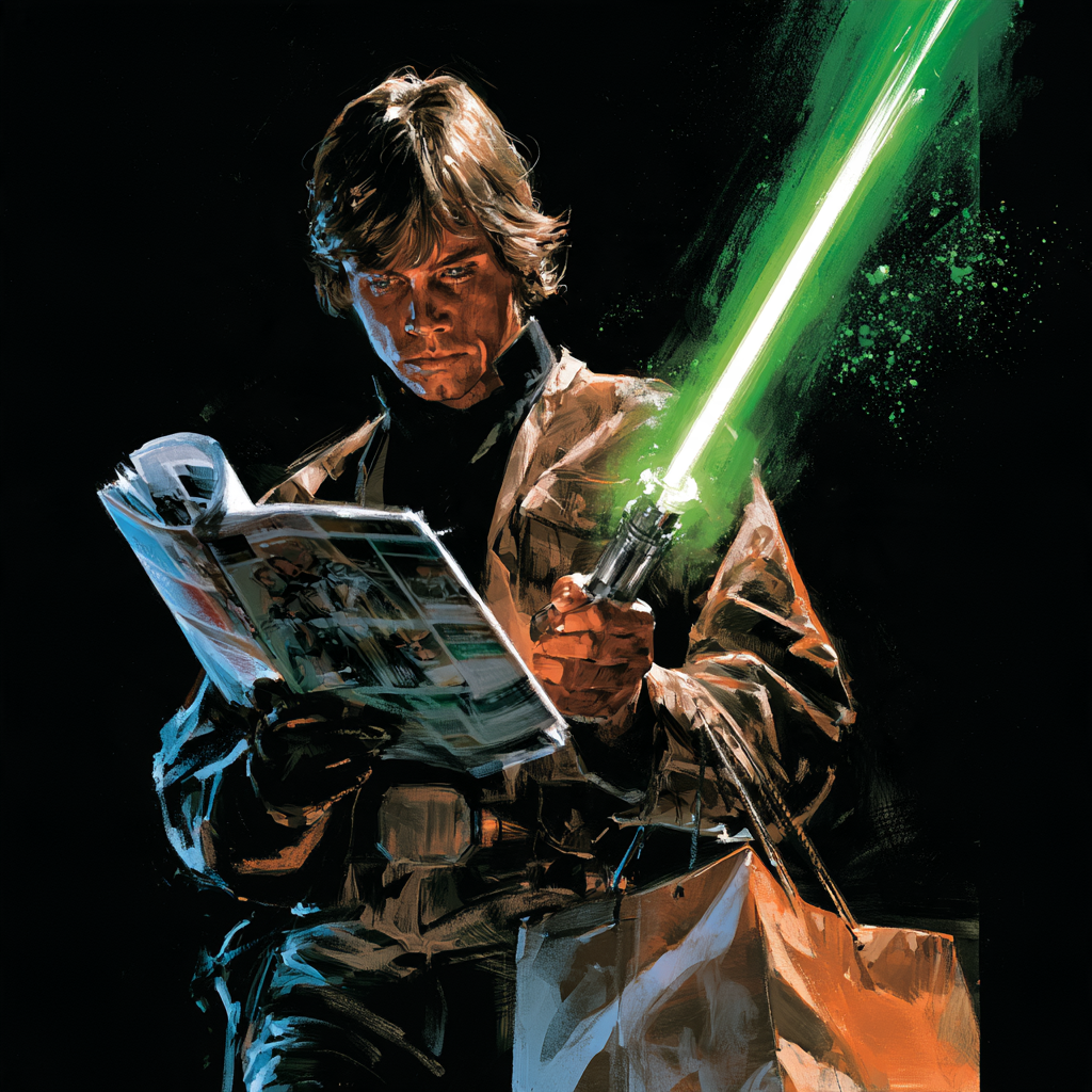 Ilustracja inspirowana Luke’em Skywalkerem z poradnikiem zakupowym i mieczem świetlnym.